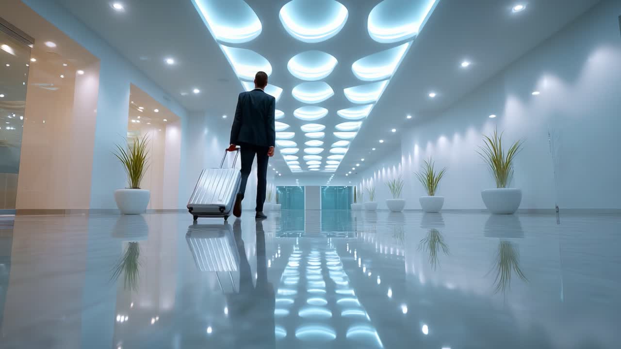 A Business Traveler Approaches the End of a Gleaming Corridor with a Suitcase, Surrounded by Modern Design Elements and Soft Lighting, Creating an Atmosphere of Anticipation and Professionalism