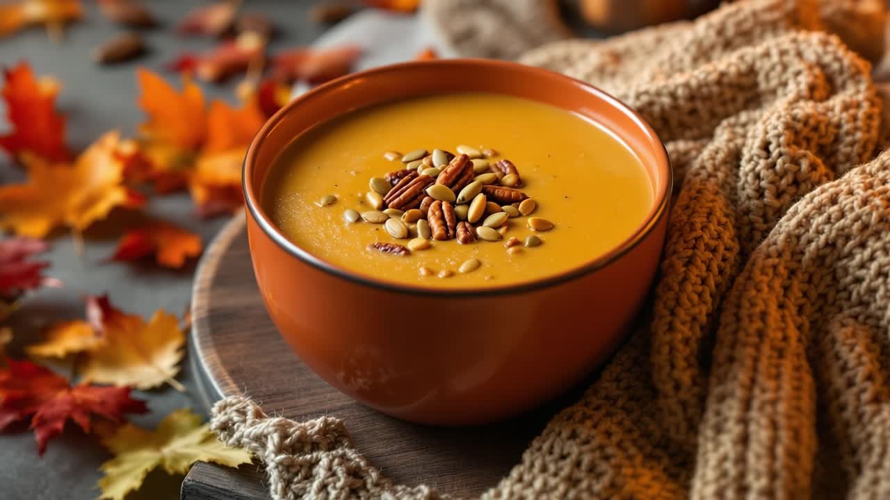 Warm pumpkin soup topped with pecan nuts and pumpkin seeds, creating a cozy autumnal scene with colorful leaves