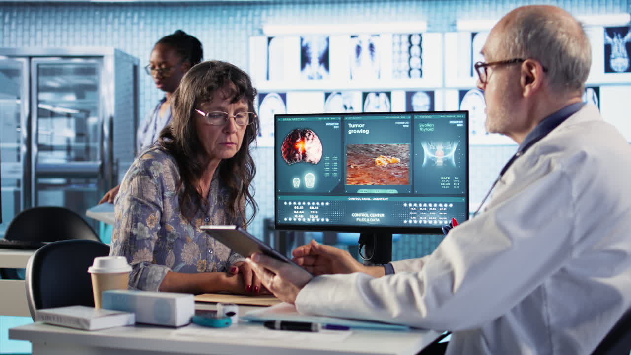 Vertical Video Senior woman evaluating diagnostic results with her medic in a cabinet