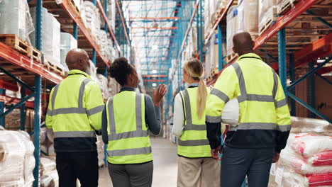 a group of warehouse workers wearing safety vests and hard hats are discussing something in the warehouse aisle.