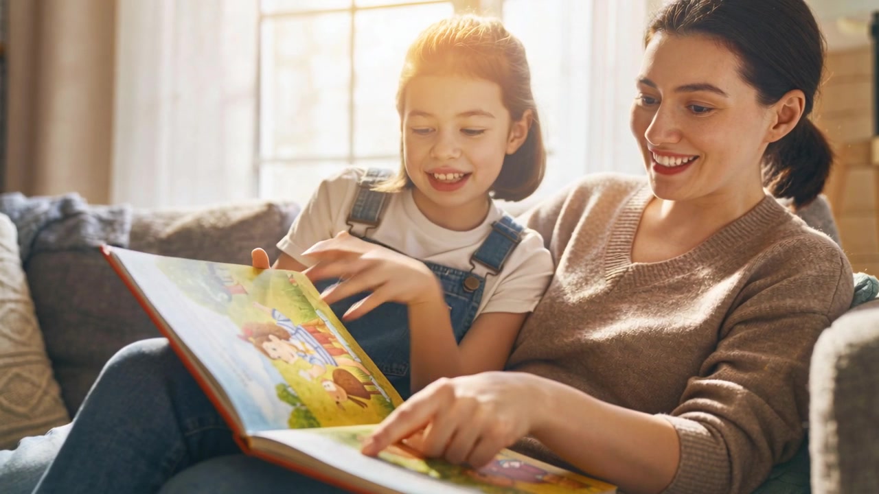 Madre che apre un libro, legge e guida la figlia in salopette sul divano vicino alla finestra per raccontare una storia.