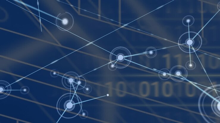 Animation of networks of connections and data processing over blue background