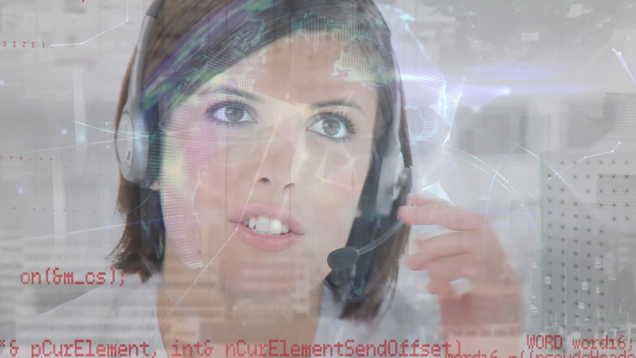 анимация глобуса и обработка данных над деловой женщиной с помощью телефонной гарнитуры