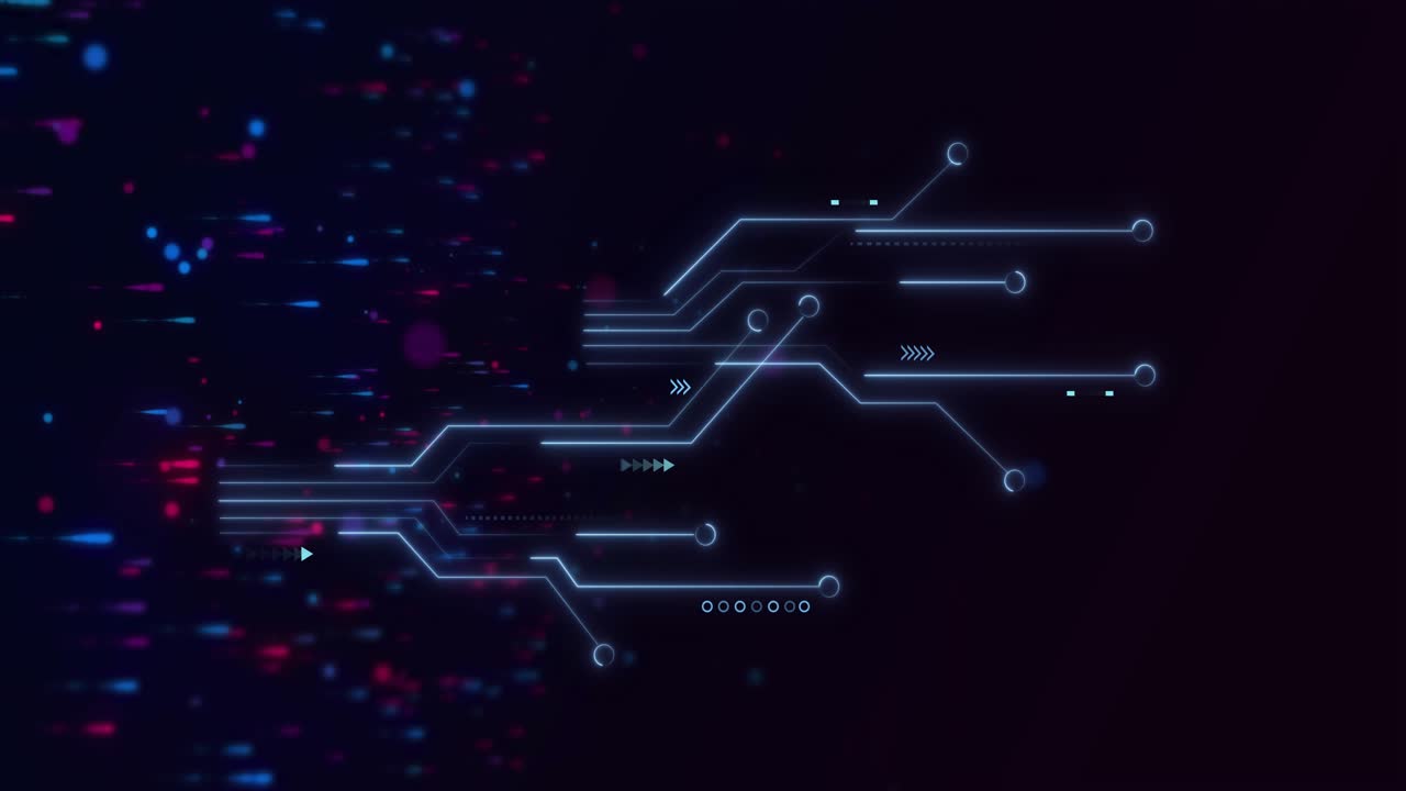 Drifting red or blue pixels entering left, initiating neon circuit pulsing nodes visualizing data fl