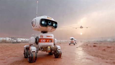 a futuristic robot rover exploring the surface of mars