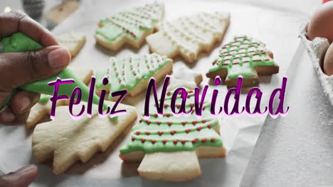 Feliz-Navidad-Text-In-Lila-über-Afroamerikanische-Hand-Dekorieren-Weihnachtsplätzchen