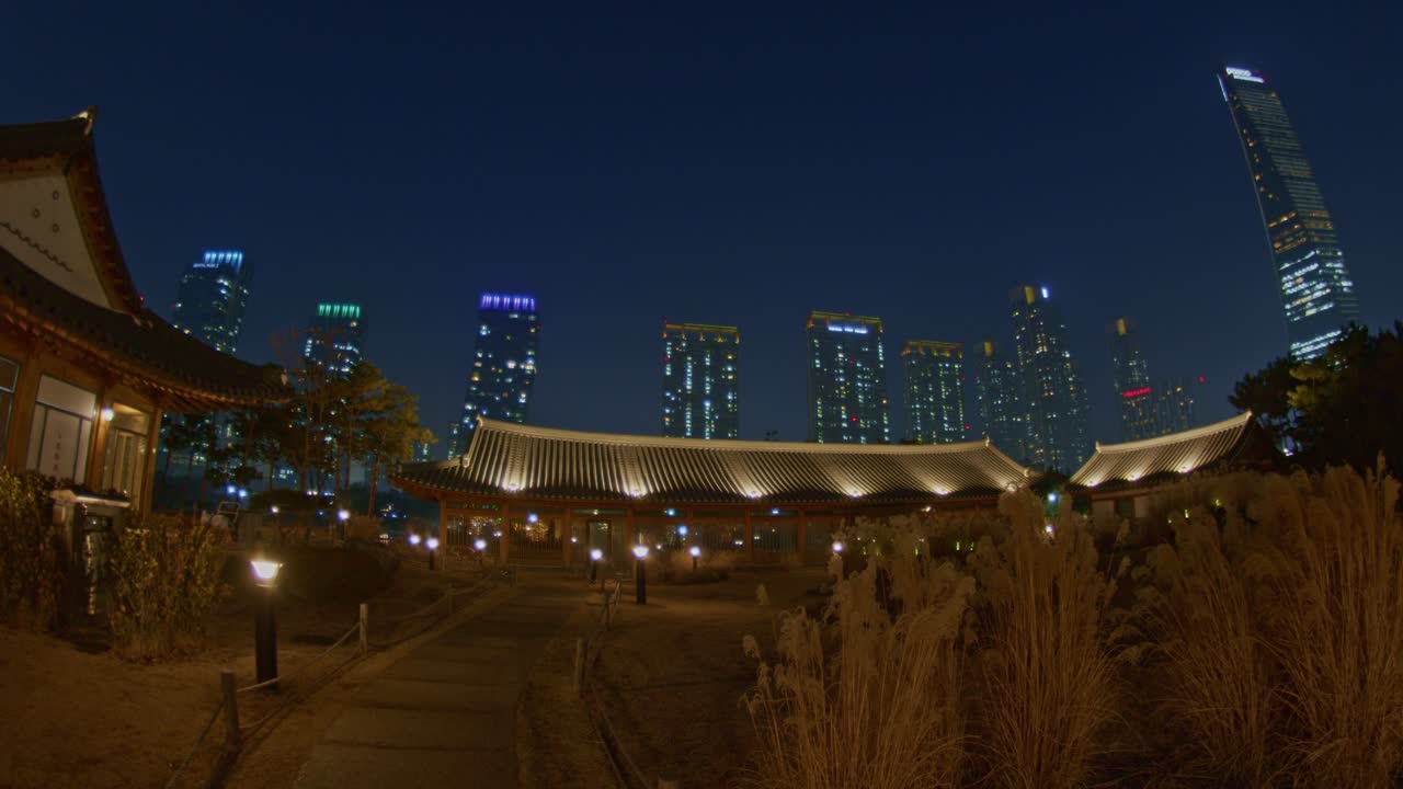 저녁 밤 도시 도시 스타일의 아시아 전통 국립공원 건축 건물, 중국, 일본, 고층 빌딩 및 건축물 광각 조명 및 조명 파노라마