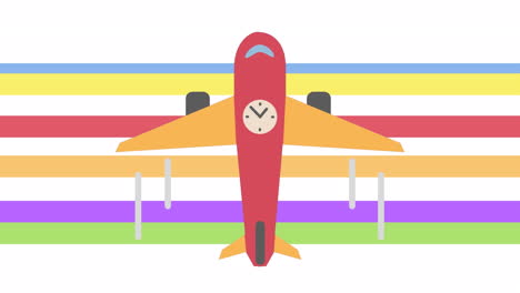 animation of plane with clock over colorful stripes background