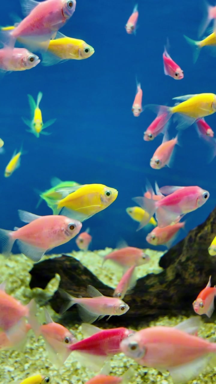 A School of Vibrant Pink and Yellow Fish in an Aquarium