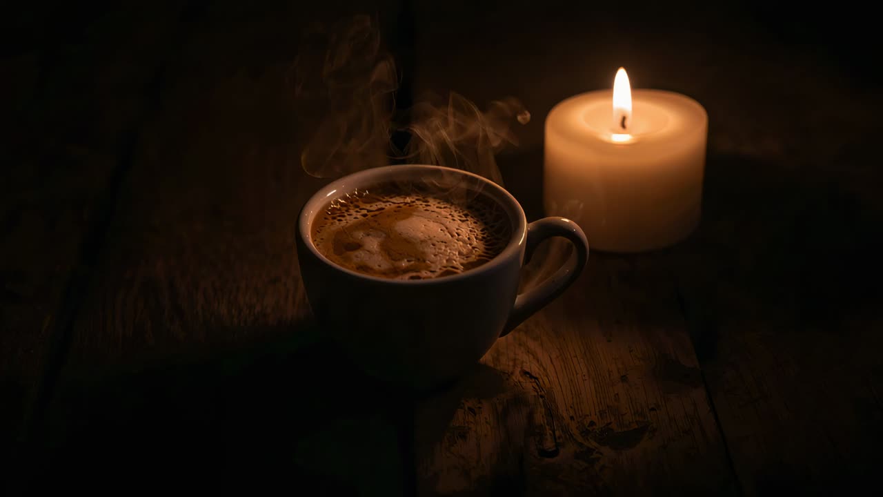 Opening showing ceramic coffee cup with crema and lit candle releasing steam while cooling on table