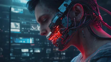 cybernetic human face with glowing implants