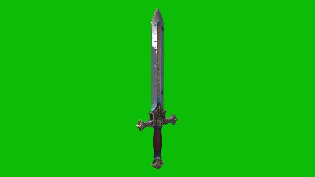 Highly detailed 3D fantasy sword design 03 with an ornate blade, glowing core, rotating 360 degree, isolated on green screen. Ideal for fantasy games, epic projects, and VFX compositing