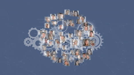 animation of cogs and diverse people portraits over grey background