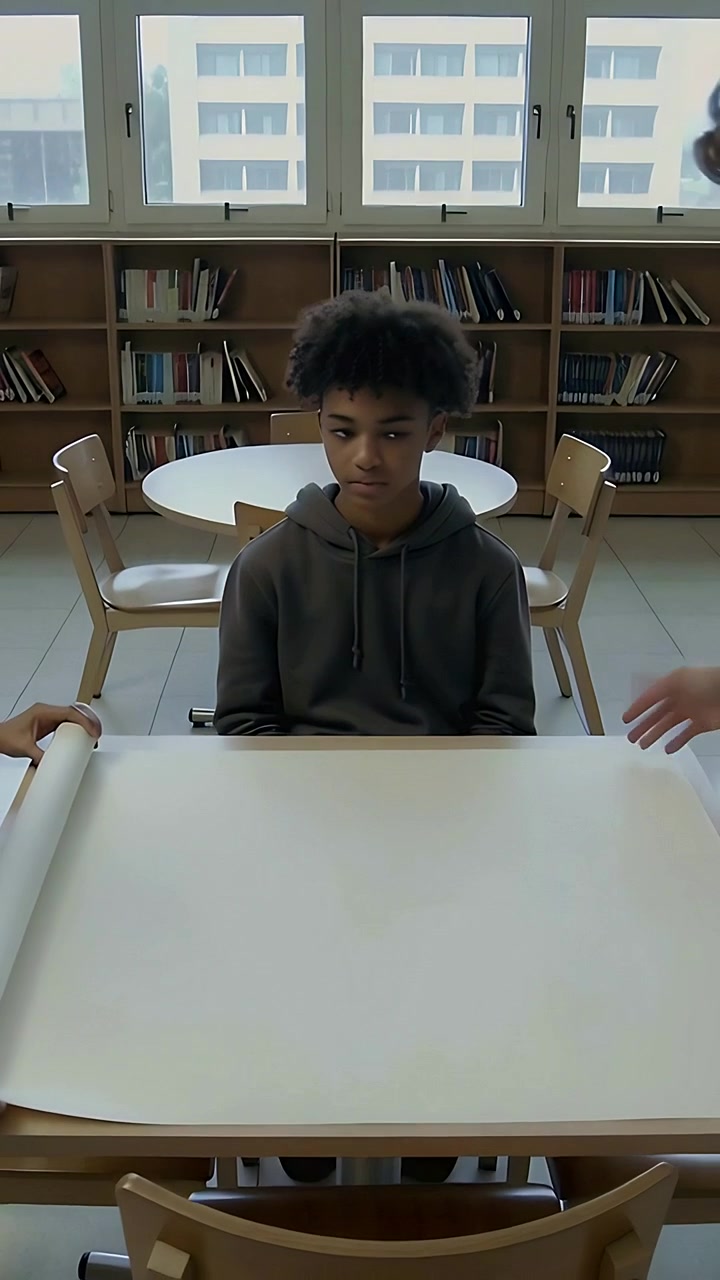 Vertical video: Left aide unrolling paper roll across school table, hoodie teen waiting for project