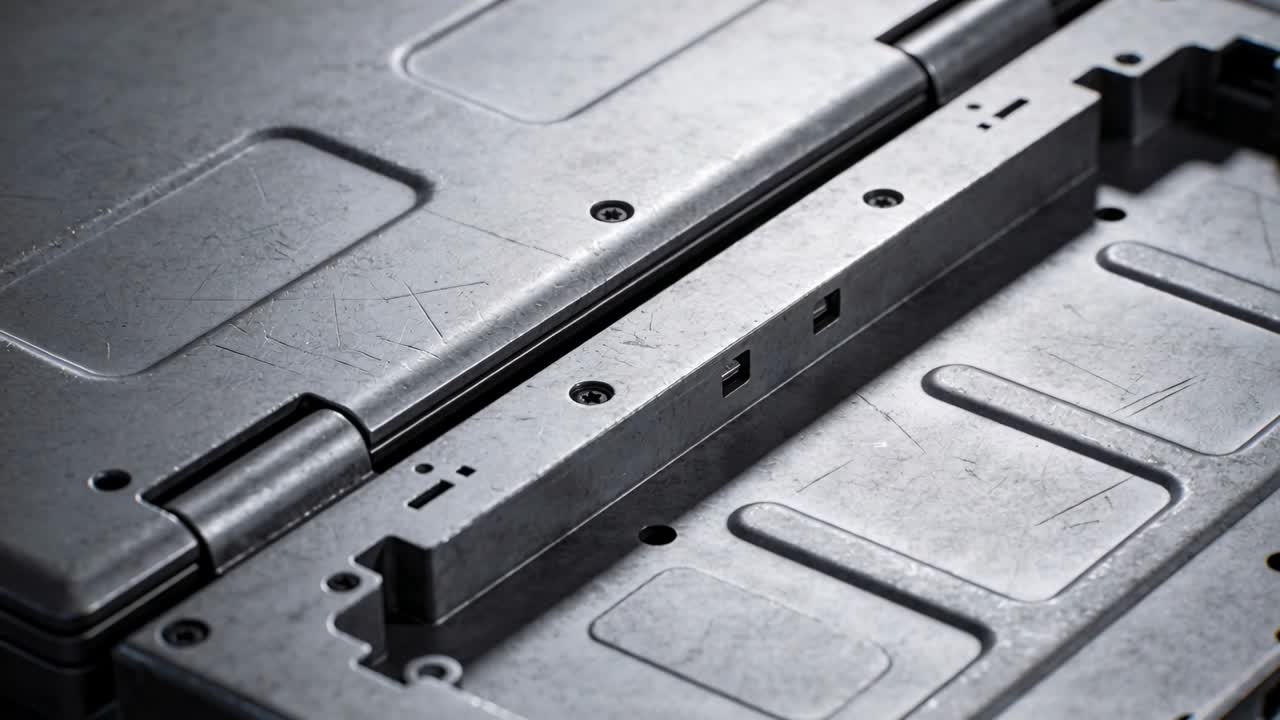 Shifting camera revealing metallic molded component at test bench, highlighting hinge and cutouts