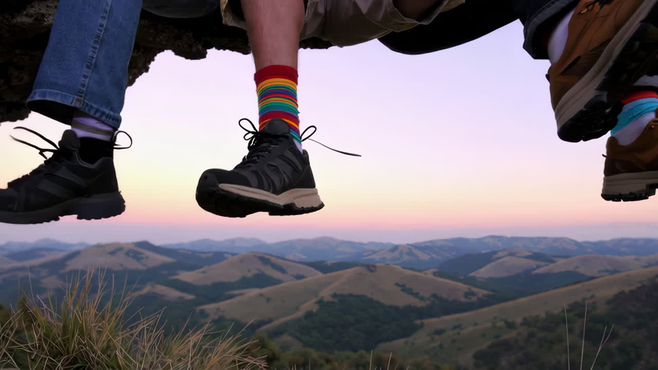 Hikers' feet dangling over a scenic mountain landscape at sunset
