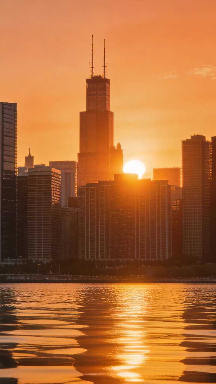 Vertical video: Rising sun moving behind tall tower with twin spires at harbor, extending gold glow