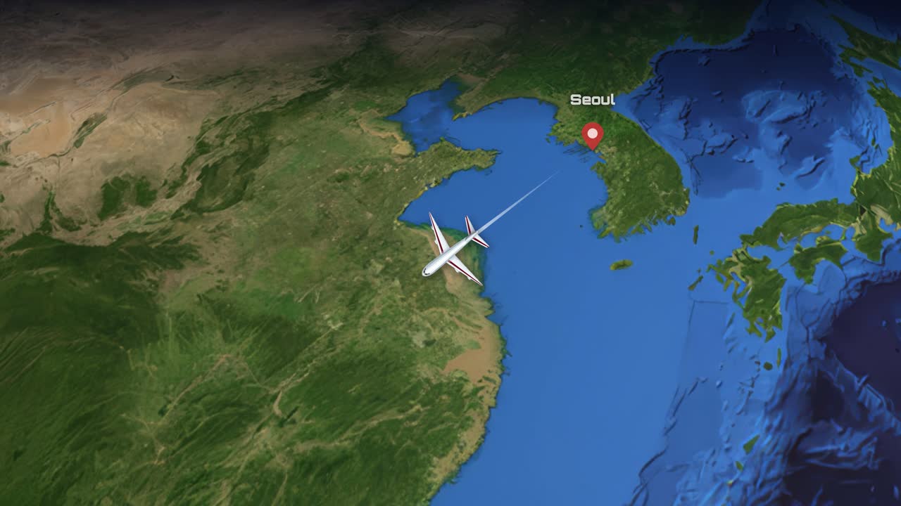 Satellite map animation follows a commercial airplane flying from Seoul to Bangkok with city labels