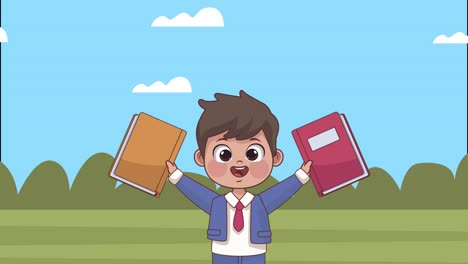 student boy with notebooks in the camp animation
