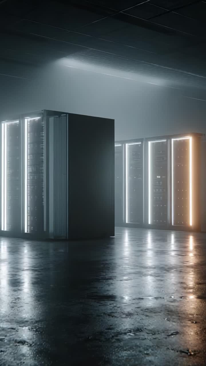 Et kig ind i fremtiden: Avancerede server racks oplyst i et højteknologisk datacentermiljø med dramatiske lyseffekter