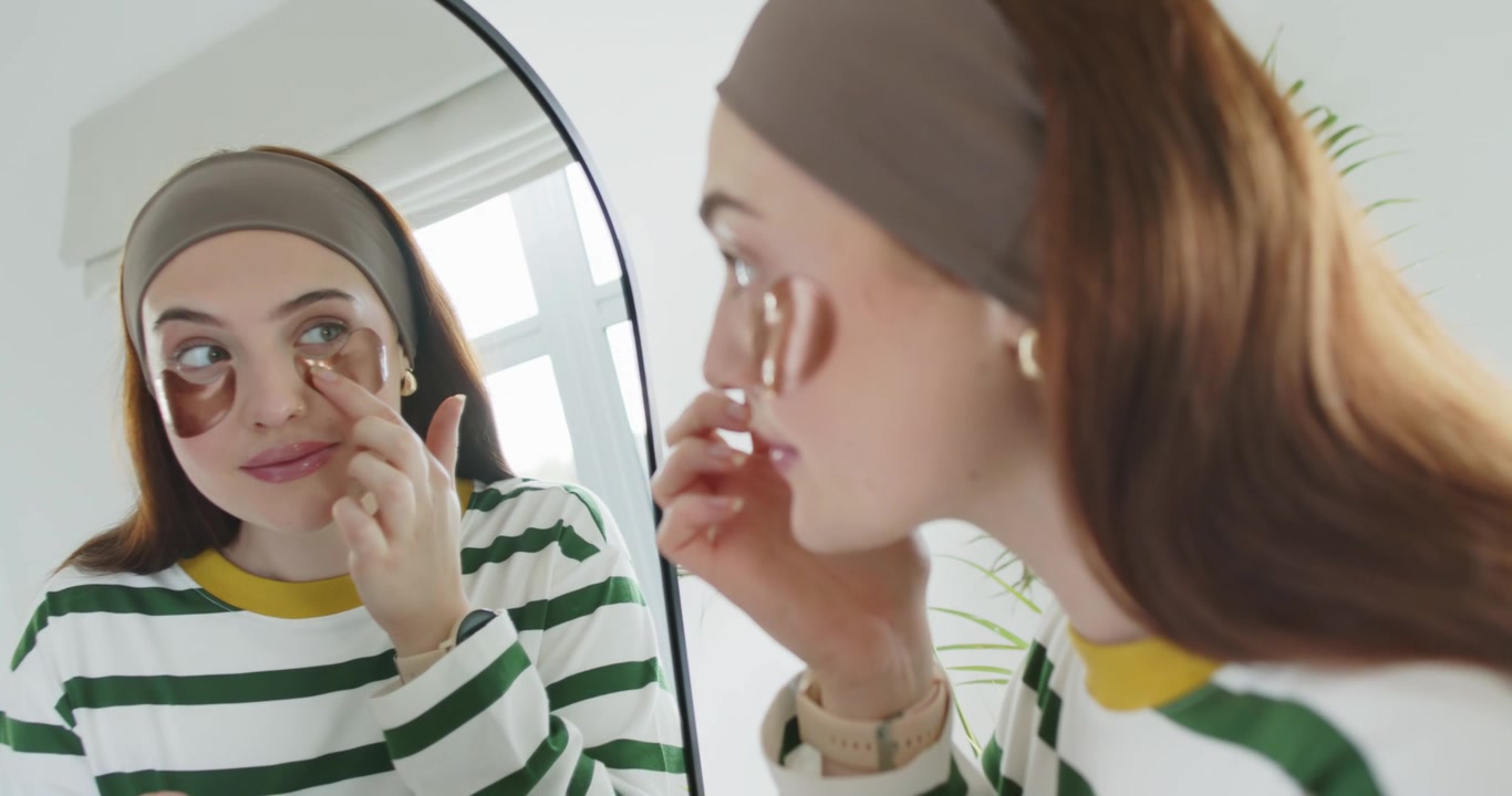 Donna adulta che tiene in mano patch in gel, applicando e sistemando patch sotto gli occhi allo specchio per la cura della pelle.
