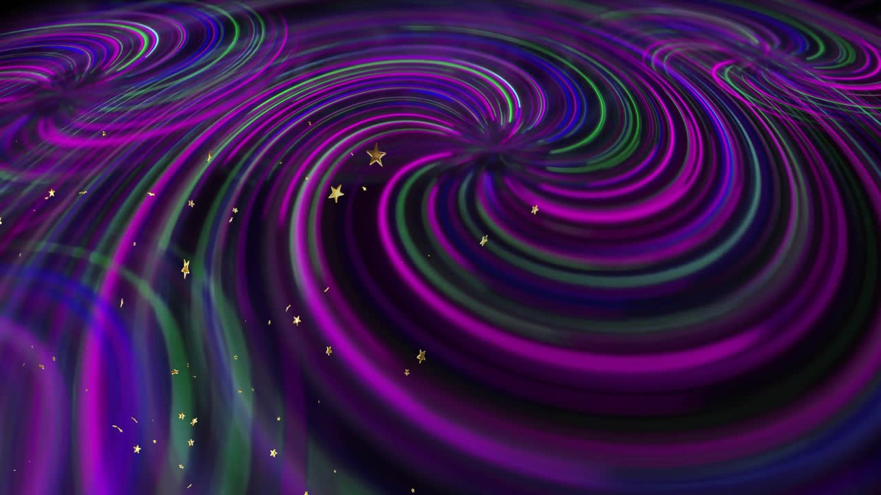 Su una spirale che si apre e ruota in senso orario, attirando particelle dorate verso l'interno, con colori che cambiano in un ciclo continuo.