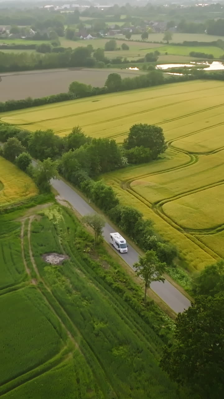 Vertical drone shot tracking a RV driving in middle of canola fields, sunset