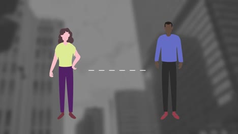 animation of people social distancing over a grey sky and buildings