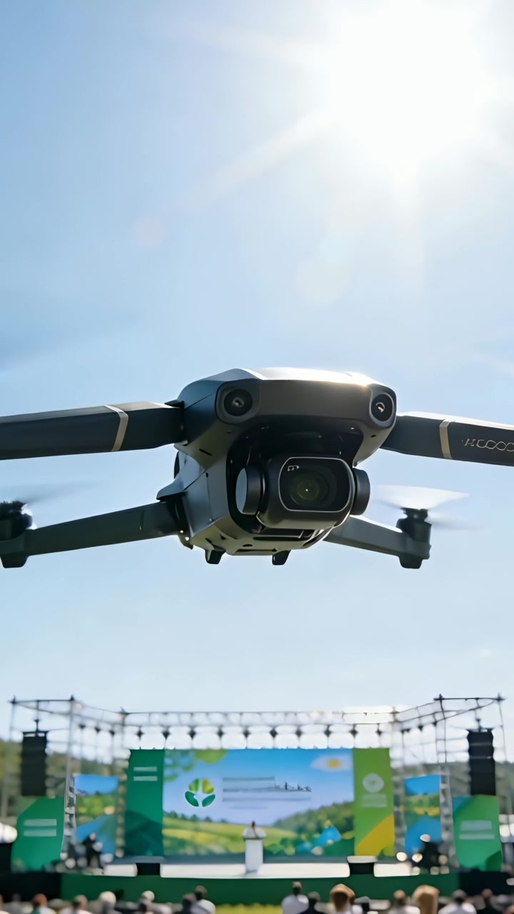 Video verticale: Drone in volo dopo il comando del pilota, che effettua un passaggio filmando un podio di un palco all'aperto.