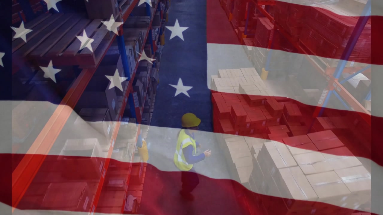 Workers walking down aisle under US flag overlay inspecting boxes splitting continuing stock audit
