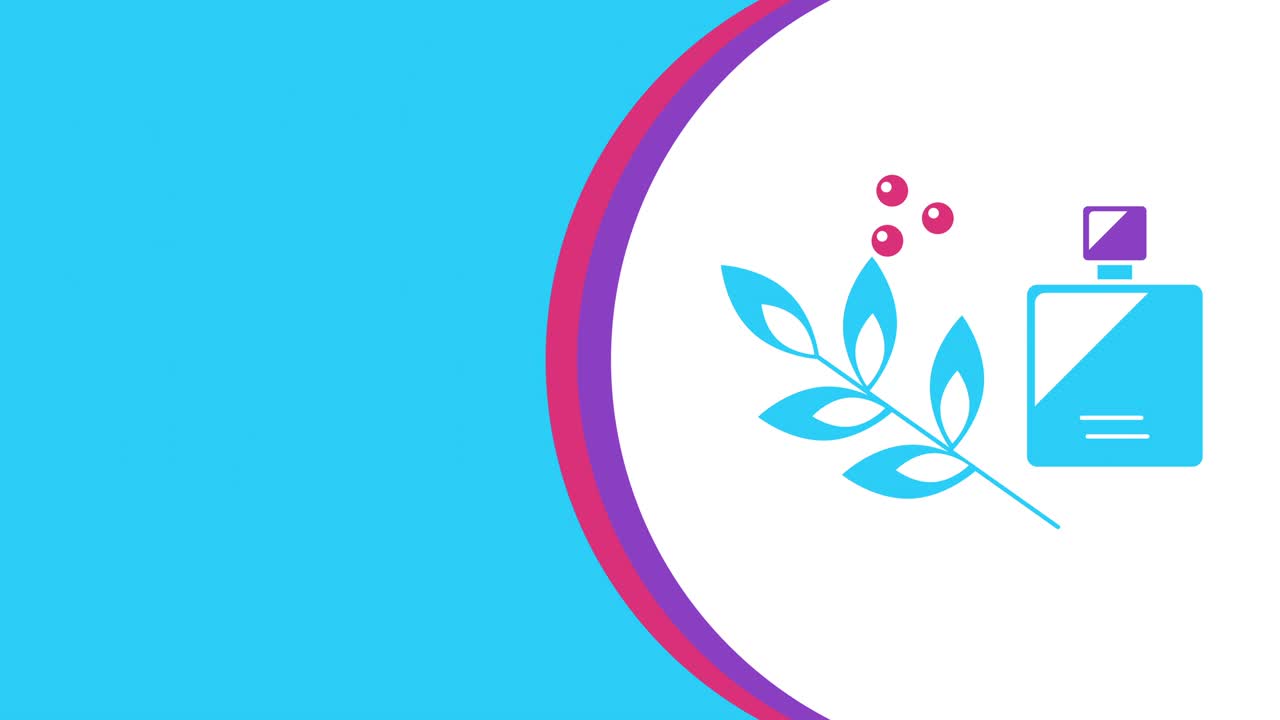 video de 4k de una botella de perfume de fragancia de dibujos animados en fondo blanco y azul.