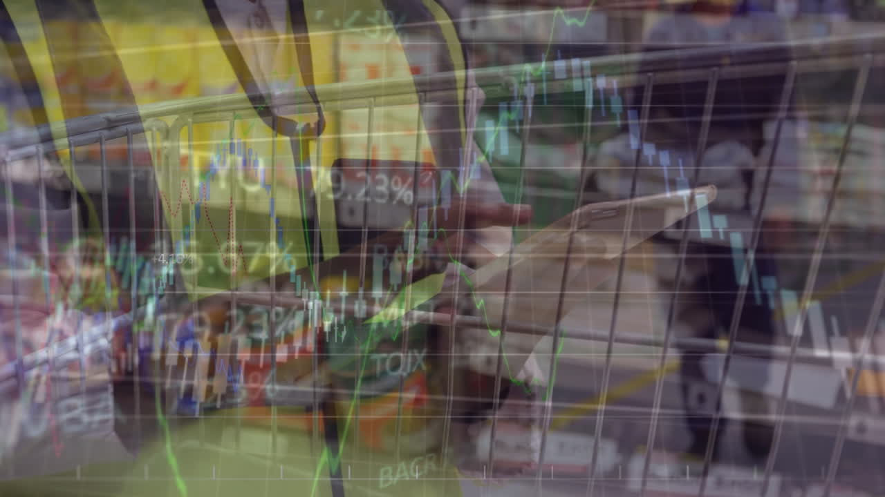 데이터 처리의 애니메이션과 아프리카계 미국인 노동자가 가게 트롤리 위에