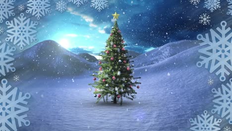 Animation-of-winter-frame-and-christmas-tree-over-winter-scenery