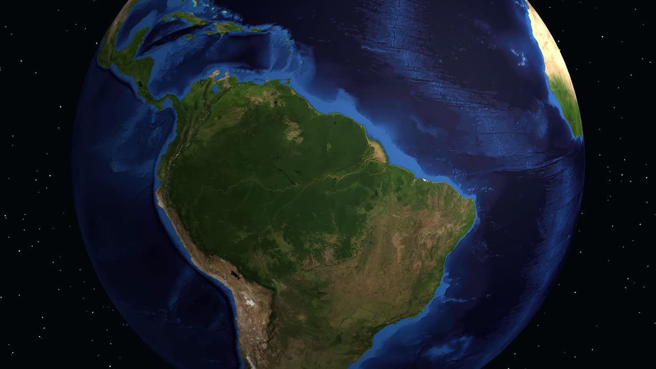 La Terra digitale ruota e zooma dallo spazio sul Sud America, evidenziando Piura, Perù con del testo