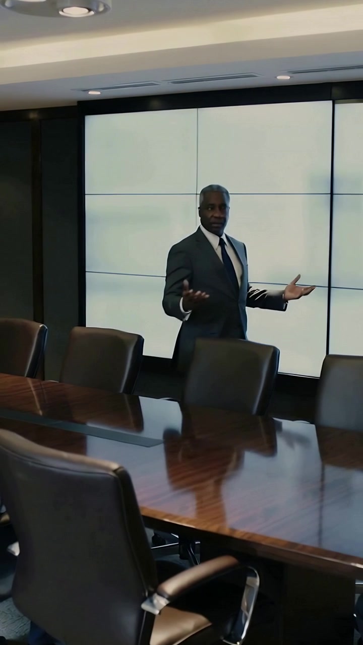 Vertical video: Presenting at meeting man in suit tie walking gesturing at table, screen