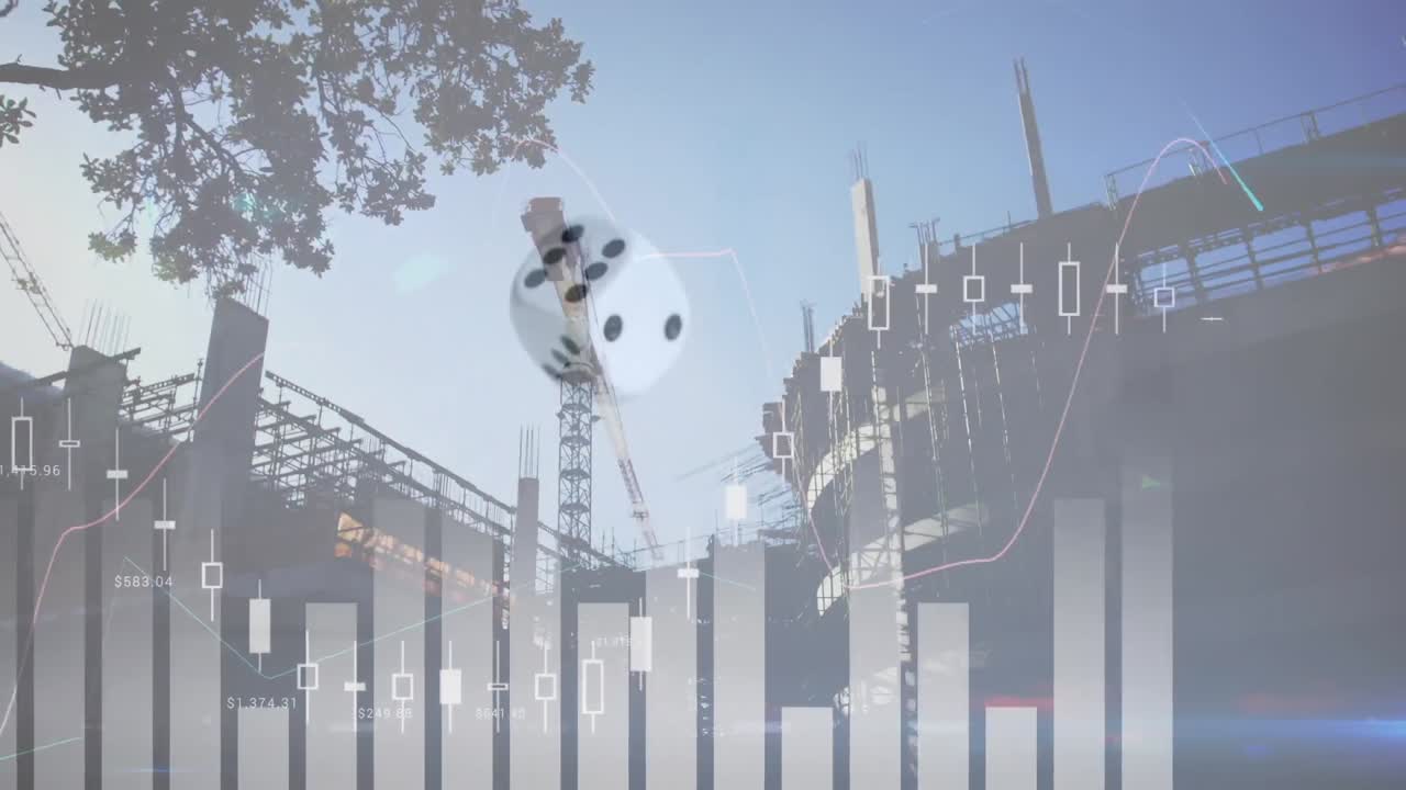 animación de estadísticas con procesamiento de datos con un dado blanco que cae sobre un paisaje urbano