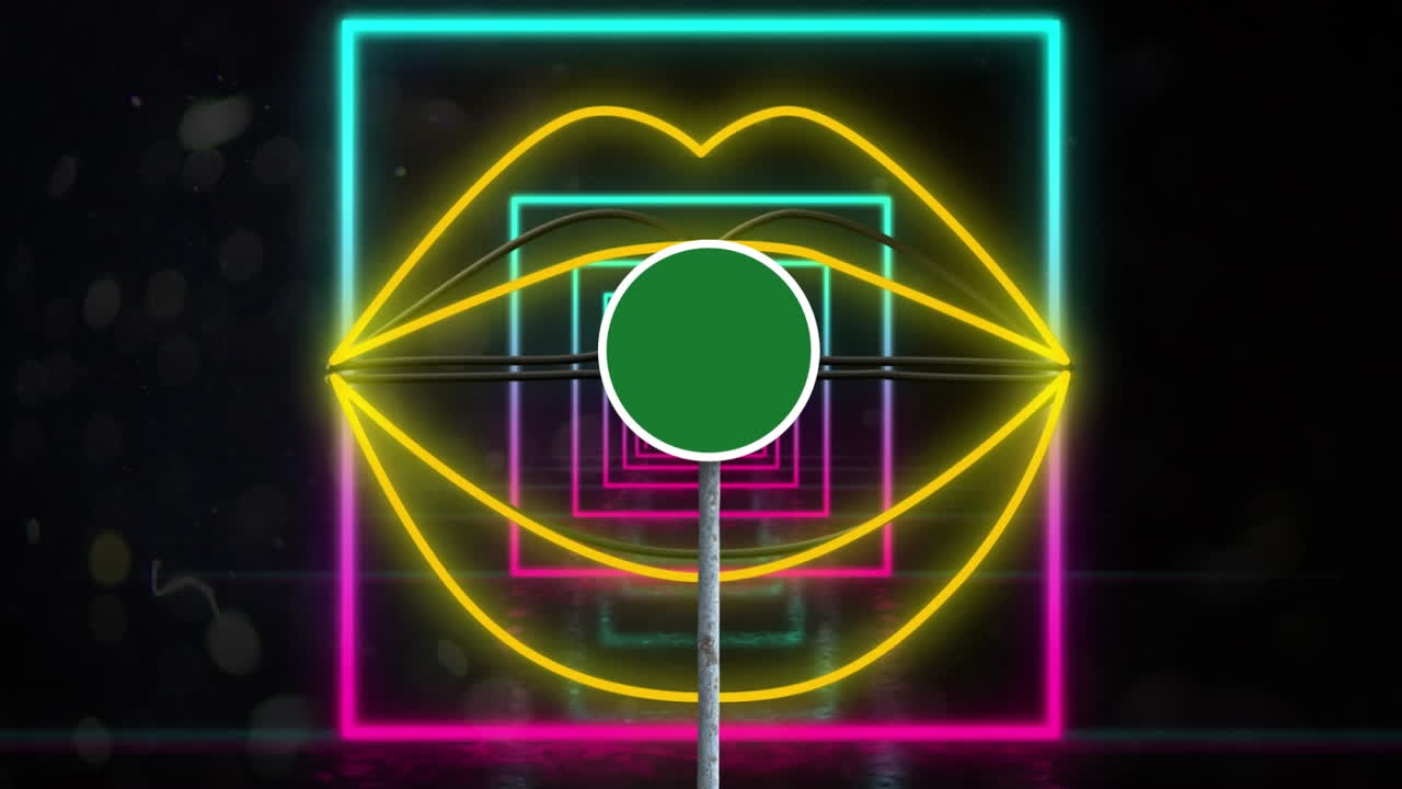 어두운 배경에 기하학적 네온 모양에 초록색 노래의 애니메이션