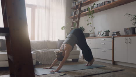 healthy yoga woman exercising at home practicing three legged downward facing dog pose in living room enjoying morning fitness workout