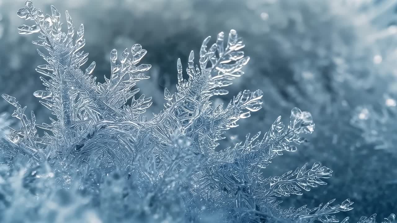 Spostamento del piano focale, messa a fuoco della camera che si sposta attraverso il cristallo di ghiaccio sui granuli di ghiaccio, mostrando la filigrana
