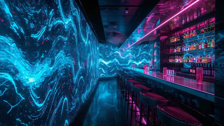 Running LEDs, nightclub bar displaying cyan waves on wall and reflecting on metal counter for vibe