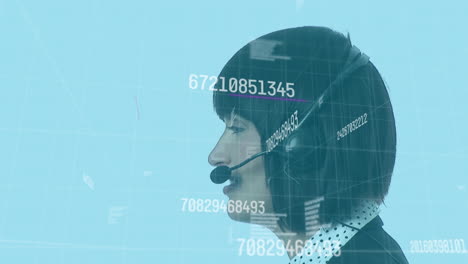 animation of graphs and numbers over happy biracial female consultant