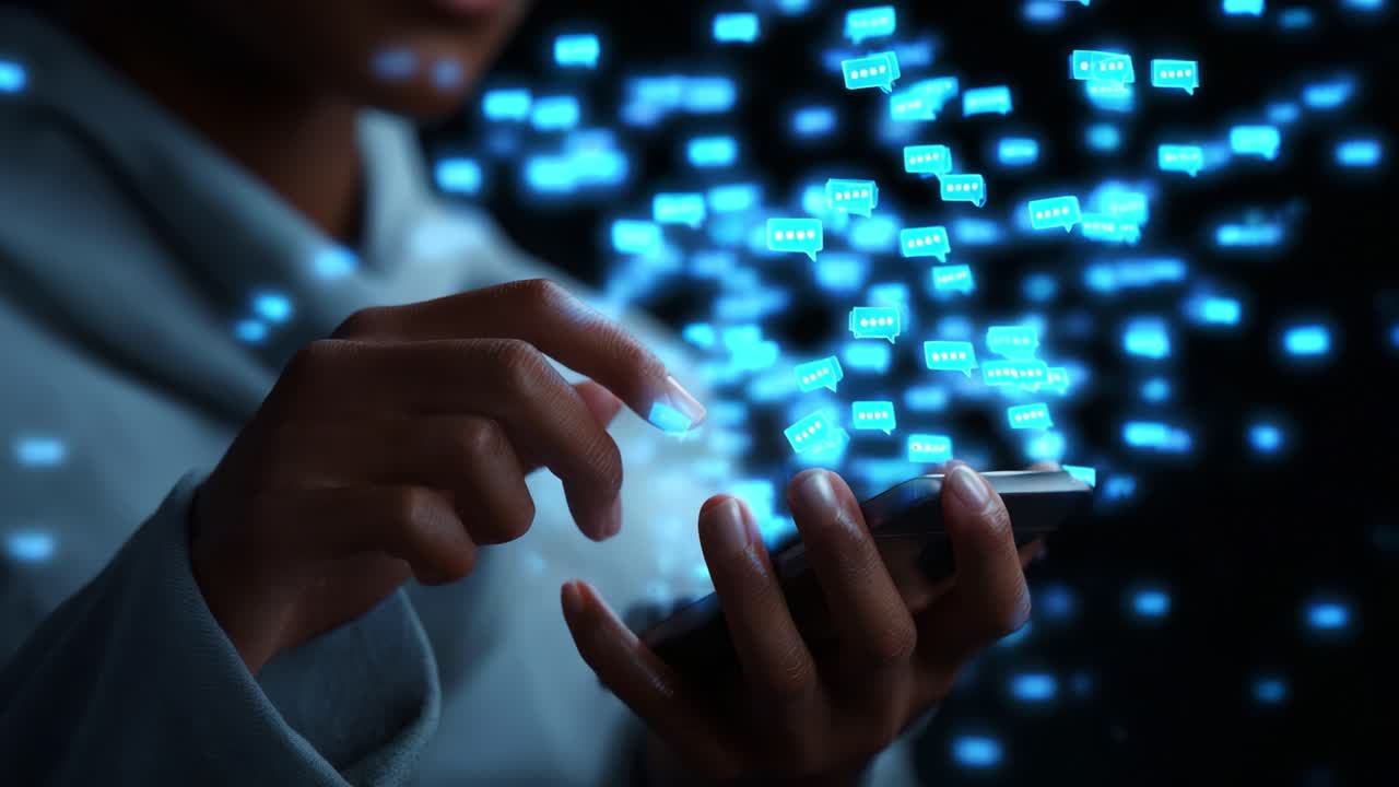 A person engages with their smartphone, surrounded by a vibrant display of digital messages, emphasizing the importance of communication in our technology-driven world of social interaction and connectivity