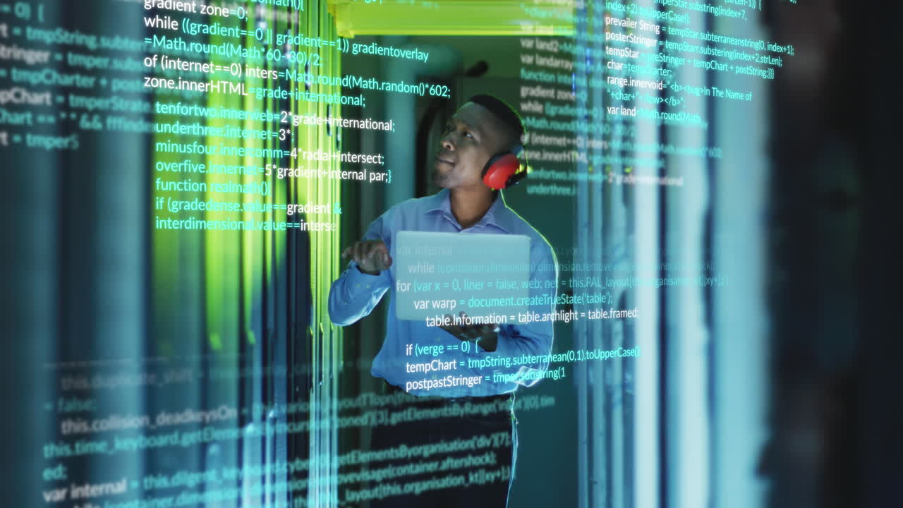 Animation of data processing over african american male engineer using laptop working at server room