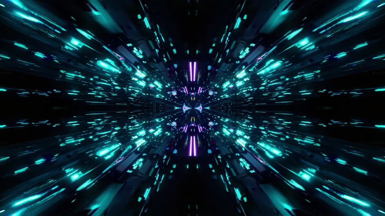 Immerse yourself in a mesmerizing digital landscape filled with vibrant light trails and shimmering colors. The visual experience takes place in a simulated futuristic space environment, where bright neon blues and purples create a dynamic sense of movement. Each pulse and flash of light gives the f