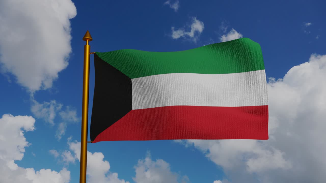 쿠웨이트의 국기 3d 렌더링 발 기둥과 파란 하늘 타임 스, 알람 발라디 데르티, 사용 된 팬 아랍 색상, 쿠웨이트 국기 섬유