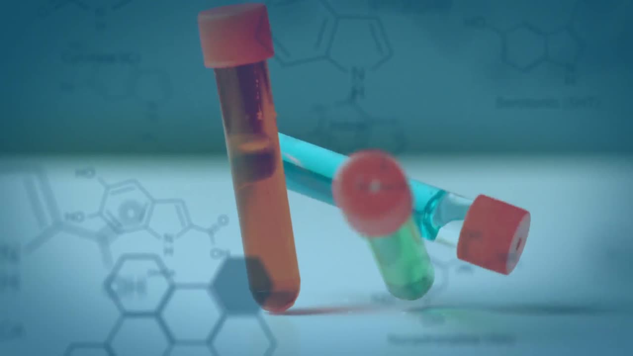 tubos de ensayo que caen con moléculas y fórmula estructural de compuestos químicos en primer plano