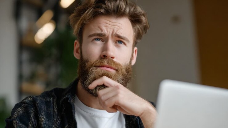 Contemplating Ideas: A Thoughtful Man in Deep Reflection While Working with His Laptop in a Modern Workspace