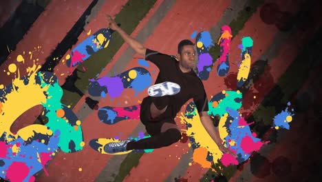 animation of football player over colourful squiggles on stripes