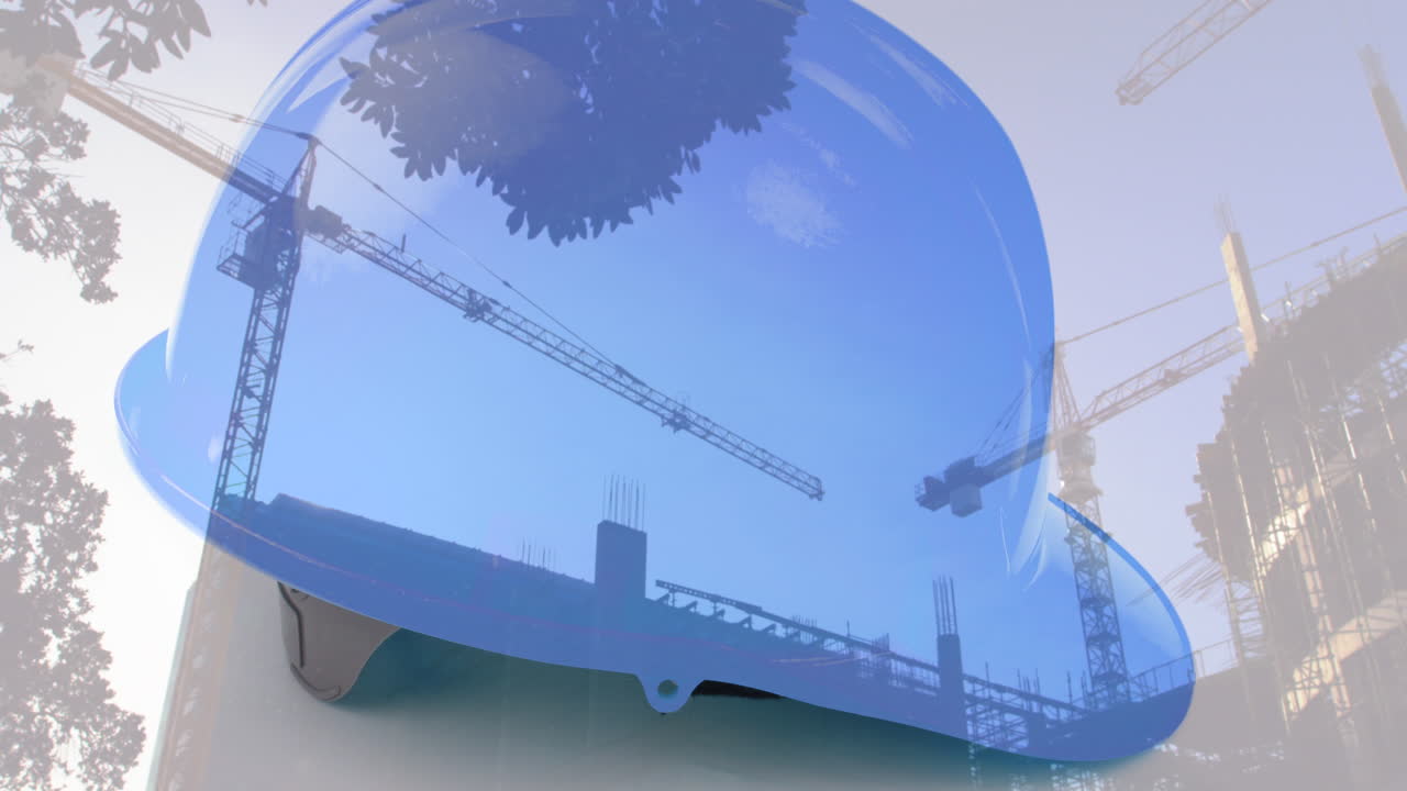 animación del casco de seguridad sobre el sitio de construcción y las grúas