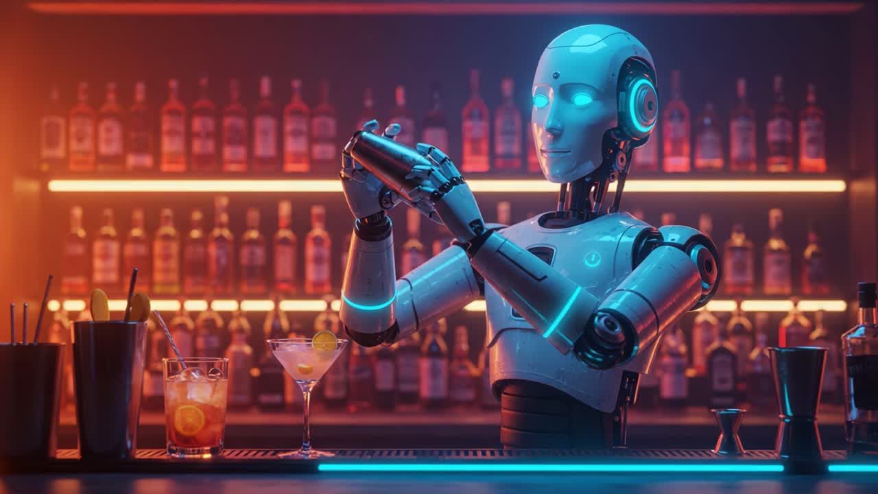 Futuristic Robot Bartender Skillfully Mixing Cocktails in a Neon-Illuminated Bar Surrounded by Bottles on a Sleek Counter